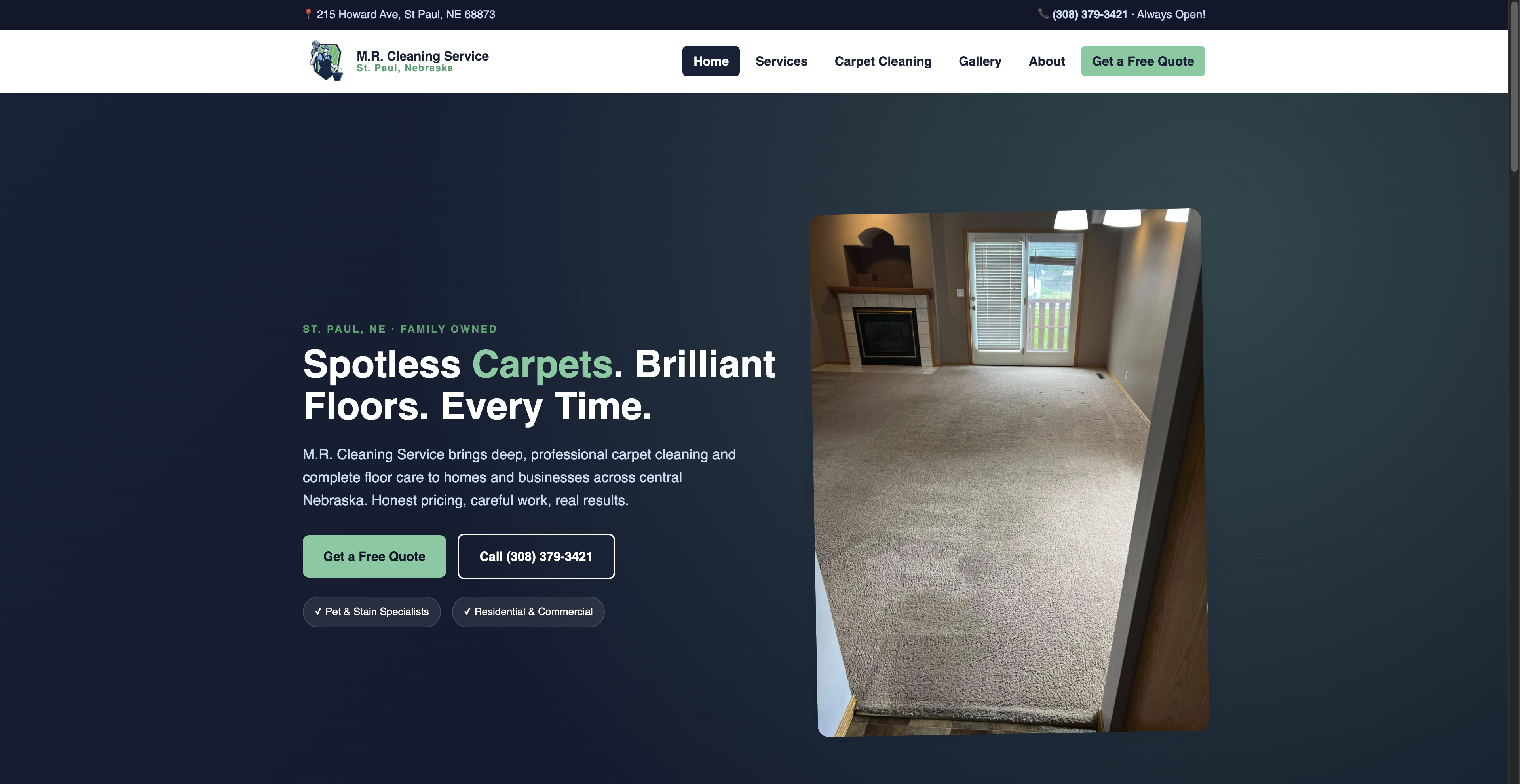M.R. Cleaning Service website homepage